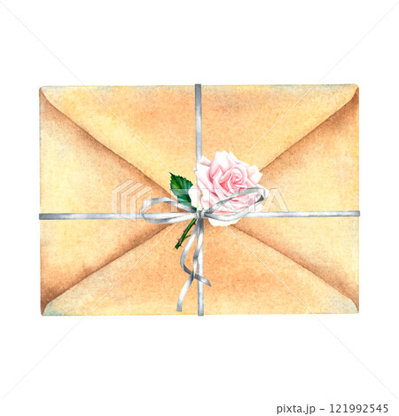 Closed kraft envelope tied with ribbon bow and rose flower. Hand drawn watercolor illustration of old postage message on isolated background. Retro correspondence. Love letter for Valentine's day. 121992545