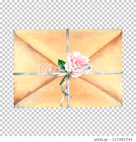 Closed kraft envelope tied with ribbon bow and rose flower. Hand drawn watercolor illustration of old postage message on isolated background. Retro correspondence. Love letter for Valentine's day. 121992545