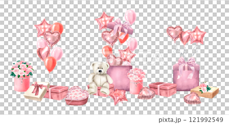 Heart, star shaped balloons fly out of gift box teddy bear with roses bouquet sits next to it. Cute watercolor illustration of present on isolated background. Valentine's day design. Romantic drawing. Heart, star shaped balloons fly out of gift box teddy bear with roses bouquet sits next to it. Cute watercolor illustration of present on isolated background. Valentine's day design. Romantic drawing. 121992549