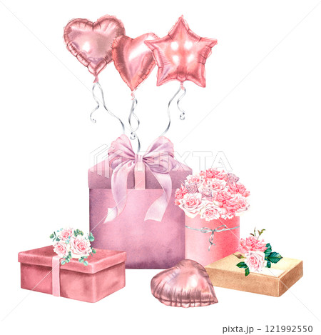 Valentine's Day festive balloons tied to big gift box, various presents and rose flowers. Hand drawn watercolor illustration on isolated background. Romantic drawing for cards or invitations. Valentine's Day festive balloons tied to big gift box, various presents and rose flowers. Hand drawn watercolor illustration on isolated background. Romantic drawing for cards or invitations. 121992550