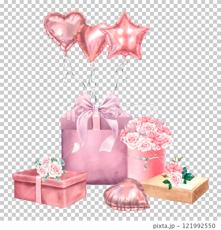 Valentine's Day festive balloons tied to big gift box, various presents and rose flowers. Hand drawn watercolor illustration on isolated background. Romantic drawing for cards or invitations. 121992550