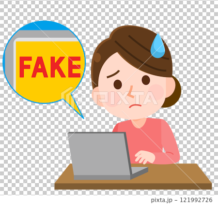 插圖:一名困惑的婦女在電腦上查看虛假圖像和視頻 插圖:一名困惑的婦女在電腦上查看虛假圖像和視頻 121992726