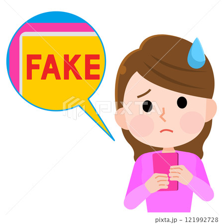 スマホでフェイク画像、フェイク動画を見て困惑する若い女性　イラスト 121992728