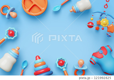 3d blue baby boy shower background. Birthday banner with border of bottle, pacifier, infant clothes, plate, spoon, mobile, pyramid and rattle. Children frame with empty space for text. 3D illustration 121992825