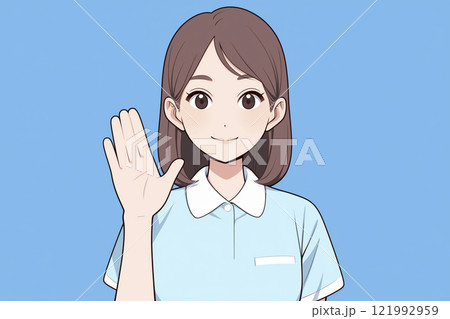 手を挙げて挨拶する看護師の可愛らしいイラスト「AI生成画像」 手を挙げて挨拶する看護師の可愛らしいイラスト「AI生成画像」 121992959