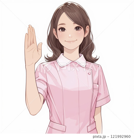 手を挙げて挨拶する看護師の可愛らしいイラスト「AI生成画像」 手を挙げて挨拶する看護師の可愛らしいイラスト「AI生成画像」 121992960