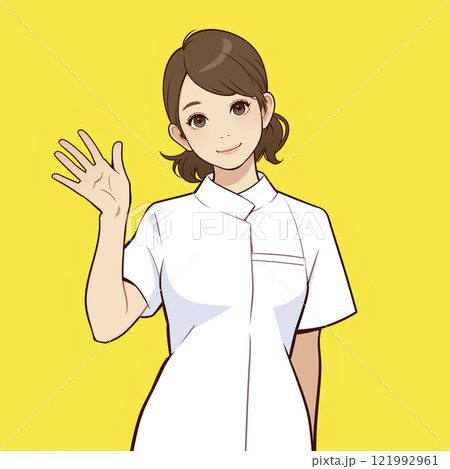 手を挙げて挨拶する看護師の可愛らしいイラスト「AI生成画像」 手を挙げて挨拶する看護師の可愛らしいイラスト「AI生成画像」 121992961