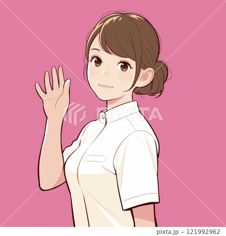 手を挙げて挨拶する看護師の可愛らしいイラスト「AI生成画像」 121992962