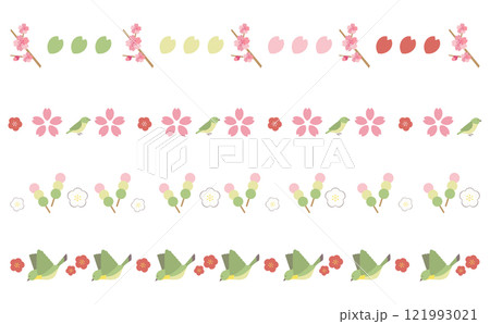 春の華やかなライン飾りセット 横長 鶯と梅と桜とお団子 背景素材 121993021