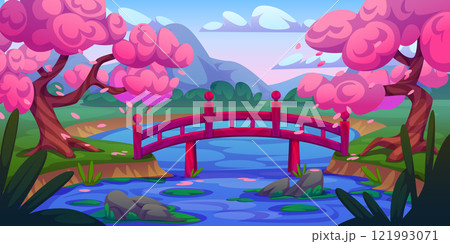 Sakura garden and wooden bridge on lake 121993071