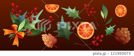 Holly berry branches, orange, pine cones 121993073