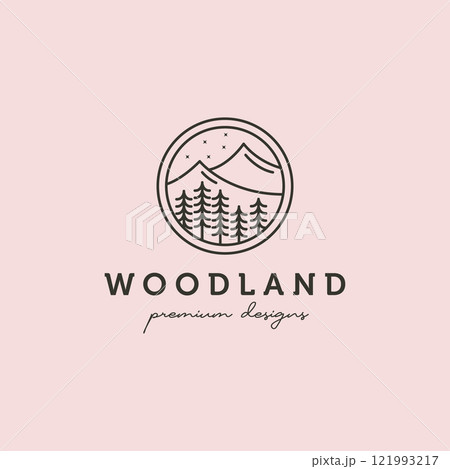 woodland outdoor landscape vector logo symbol illustration design, line art nature logo design 121993217