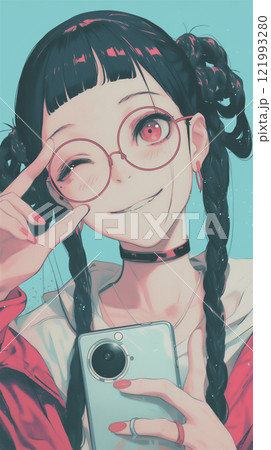 スマホ片手にウインクする女性のイラスト スマホ片手にウインクする女性のイラスト 121993280