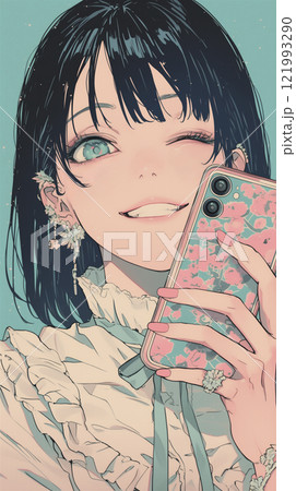 スマホ片手にウインクする女性のイラスト スマホ片手にウインクする女性のイラスト 121993290