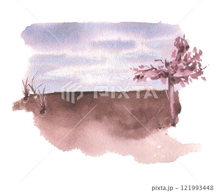 Watercolor landscape with brown pink tones delicate tree and grass isolated on white. Scenic horizon and cloudy sky hand painted by texture and soft brush strokes. Autumn or evening scenery sketch. Watercolor landscape with brown pink tones delicate tree and grass isolated on white. Scenic horizon and cloudy sky hand painted by texture and soft brush strokes. Autumn or evening scenery sketch. 121993448