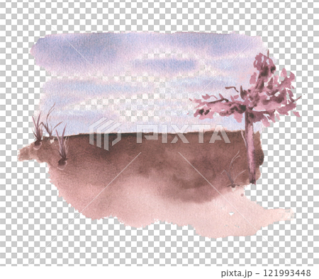 Watercolor landscape with brown pink tones delicate tree and grass isolated on white. Scenic horizon and cloudy sky hand painted by texture and soft brush strokes. Autumn or evening scenery sketch. Watercolor landscape with brown pink tones delicate tree and grass isolated on white. Scenic horizon and cloudy sky hand painted by texture and soft brush strokes. Autumn or evening scenery sketch. 121993448