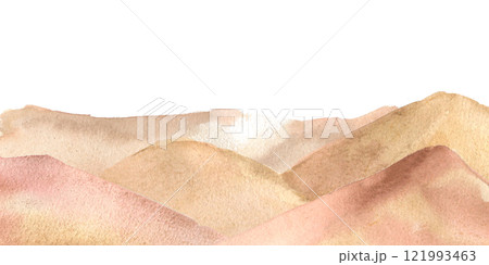 Watercolor illustration of sandy desert landscape with gentle dunes isolated on white. Sahara desert hand drawn. Scenery of Golden sand and hills sepia colors on horizon banner for design travel. 121993463