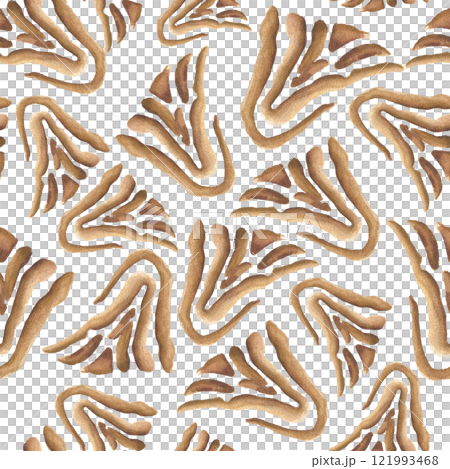 Animal zebra print on repeat texture. Abstract watercolor seamless pattern with flowing shapes in coffee brown, caramel tones. Wild Africa print isolated on white. Hand painted tribal motifs. 121993468