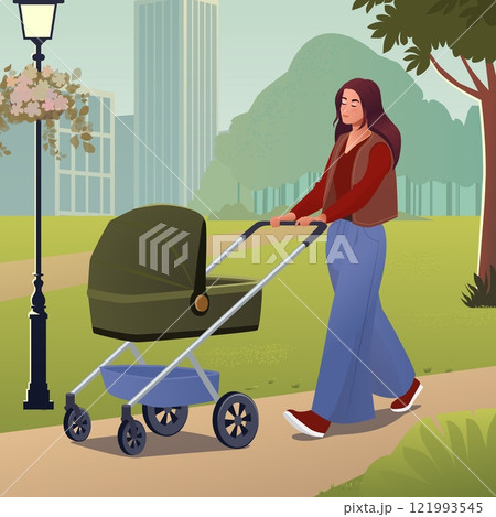 A vector illustration of a young mother walking through a serene park with a stroller. The woman is dressed in casual attire, enjoying a peaceful stroll surrounded by greenery, trees, and subtle urban A vector illustration of a young mother walking through a serene park with a stroller. The woman is dressed in casual attire, enjoying a peaceful stroll surrounded by greenery, trees, and subtle urban 121993545