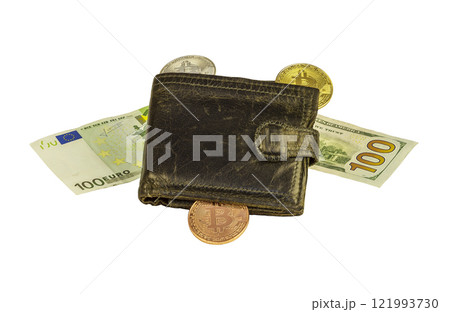 Coin purse, banknotes and Bitcoin coins on white background, close-up Coin purse, banknotes and Bitcoin coins on white background, close-up 121993730