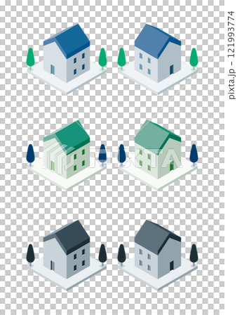 Illustration of a single-family home building seen from above 121993774