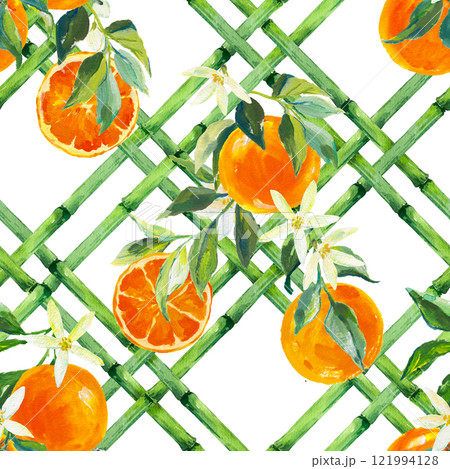 Beautiful seamless pattern with hand drawn bamboo lattice with oranges in vacation style. Ready print design. Beautiful seamless pattern with hand drawn bamboo lattice with oranges in vacation style. Ready print design. 121994128