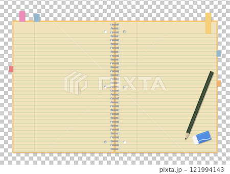 A simple lined notebook and sticky notes, a pencil and eraser set, a ring notebook, and a double-page spread 121994143