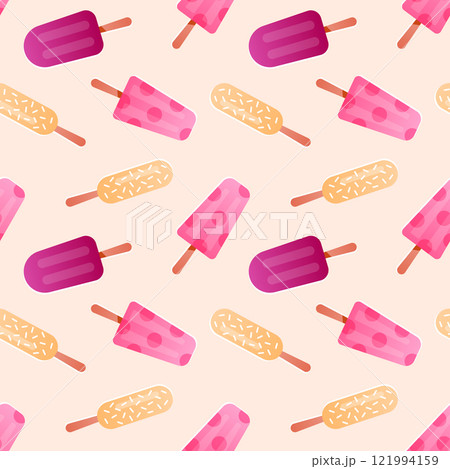 Seamless pattern with fruit ice. Colorful ice cream on a stick on yellow background. Repeating print for fabric, wrapping paper, textile, wallpaper 121994159