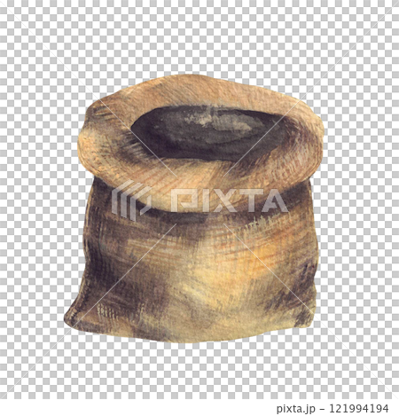 Canvas sack or Jute bag Empty burlap textured brown sack for harvesting vegetables, grains or for food, flour storage. Watercolor hand drawn realistic illustration isolated from background for sticker Canvas sack or Jute bag Empty burlap textured brown sack for harvesting vegetables, grains or for food, flour storage. Watercolor hand drawn realistic illustration isolated from background for sticker 121994194