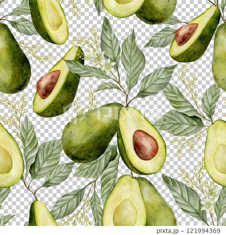 Watercolor avocado with flowers seamless pattern on white background. Green vegetable illustration. Hand drawn botanical plant drawing background for pack, textile, fabric and food packaging design 121994369