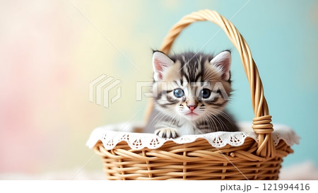 Adorable Kitten in a Wicker Basket with Pastel Background 121994416