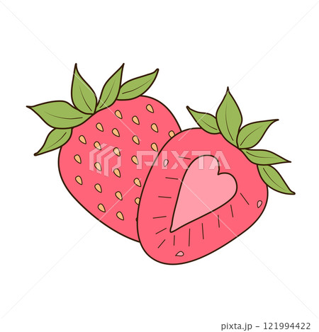 Pink strawberries whole and half. Strawberry set with tasty, fresh and juicy summer berries. Flat vector illustration on white background 121994422