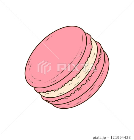 Sweet, crispy pink macaroon with buttercream. French pastry on white background. Vector illustration in flat, cartoon style for cafe, bakery, bistro, restaurant. 121994428