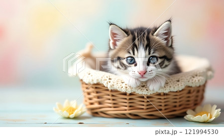 Adorable Kitten in a Wicker Basket with Pastel Background 121994530