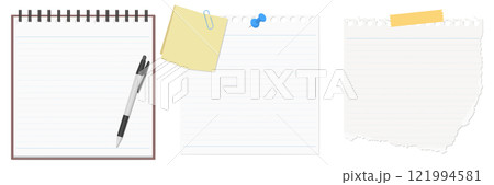 シンプルなメモ帳、メモ紙、破れたメモ紙、ボールペンのセット シンプルなメモ帳、メモ紙、破れたメモ紙、ボールペンのセット 121994581