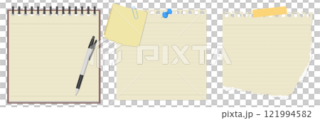 A set of simple notepad, note paper, torn note paper, and ballpoint pen 121994582