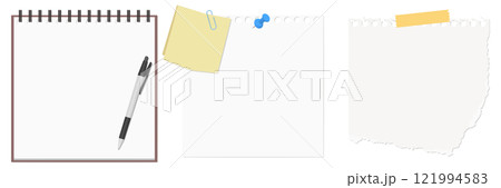 シンプルなメモ帳、メモ紙、破れたメモ紙、ボールペンのセット シンプルなメモ帳、メモ紙、破れたメモ紙、ボールペンのセット 121994583
