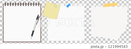 一套簡單的記事本、便條紙、撕破的便條紙和原子筆 一套簡單的記事本、便條紙、撕破的便條紙和原子筆 121994583