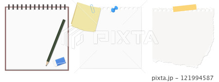 シンプルなメモ帳、メモ紙、破れたメモ紙、鉛筆、消しゴムのセット 121994587