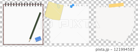 シンプルなメモ帳、メモ紙、破れたメモ紙、鉛筆、消しゴムのセット 121994587