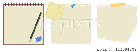 シンプルなメモ帳、メモ紙、破れたメモ紙、鉛筆、消しゴムのセット シンプルなメモ帳、メモ紙、破れたメモ紙、鉛筆、消しゴムのセット 121994588