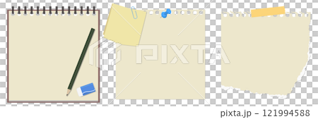 シンプルなメモ帳、メモ紙、破れたメモ紙、鉛筆、消しゴムのセット シンプルなメモ帳、メモ紙、破れたメモ紙、鉛筆、消しゴムのセット 121994588