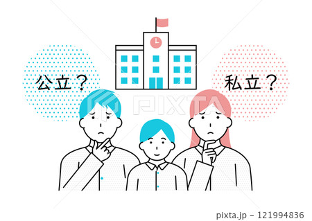 子どもを公立の学校に通わすか私立の学校に通わすかを悩む家族のイメージイラスト 121994836