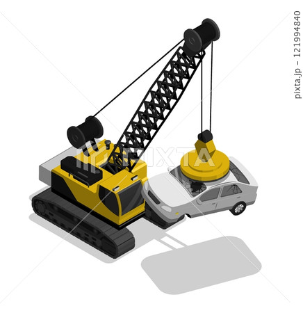 Isometric Heavy crane scrap metal recycling car lifts old car with magnet at car dump. Industrial machinery and equipment. Realistic 3D Vector Isolated on white back 121994840