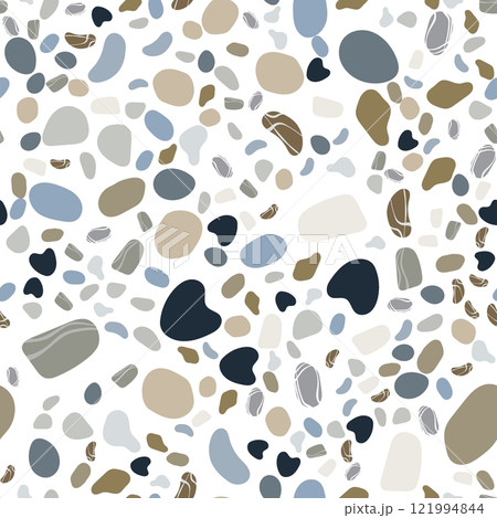Seamless pattern with surface strewn with multi colored sea stones pebbles. Natural sea coast ornament for printing on fabrics and gift paper. Vector on white background 121994844