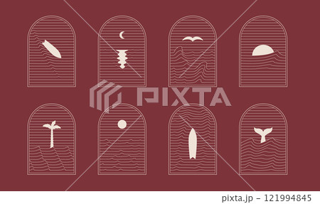 Retro style, abstract, bohemian linear surfing, ocean, sea badge, icon, design. Simple geometric t-shirt, textile, surf camp, resort template, design frame. 121994845