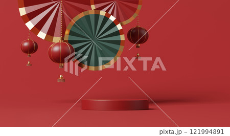 3D render, Chinese new year display with empty podium, red and green fans and hanging lanterns on red background 3D render, Chinese new year display with empty podium, red and green fans and hanging lanterns on red background 121994891