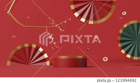 3D render, Chinese new year scene with minimal podium stage, golden branch, red and green fans and gold coins on red background 3D render, Chinese new year scene with minimal podium stage, golden branch, red and green fans and gold coins on red background 121994892