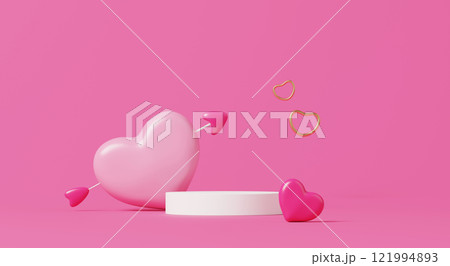 3D render, Minimal display podium, cute pink heart balloon with cupid arrow and gold heart rings on pink background. 121994893