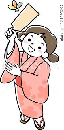 着物を着て羽根つきをする笑顔の女の子 121995207